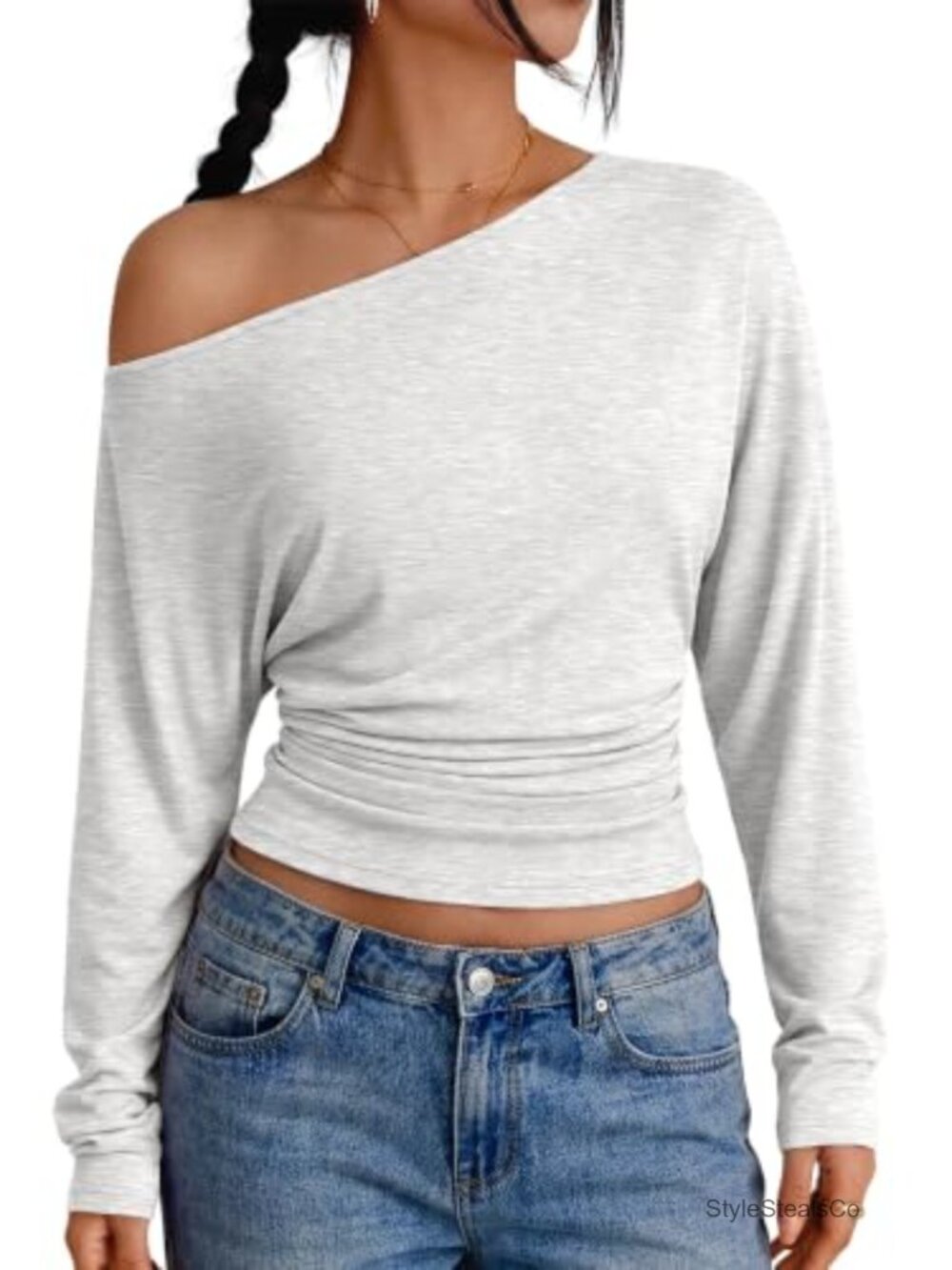Off the Shoulder Cinched Waist Long Sleeve Crop Top Ruched Asymmetric Shirt